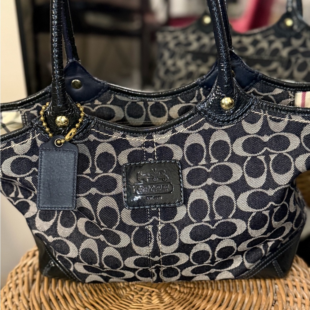 Coach Bleecker Signature Canvas Jacquard Tote Bag Navy Leather Trim Vintage Y2K - Picture 3 of 15
